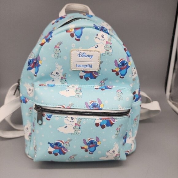 LOUNGEFLY DISNEY STITCH SCRUMP SNOWMAN MINI BACKPACK Blue Bag - Picture 1 of 12